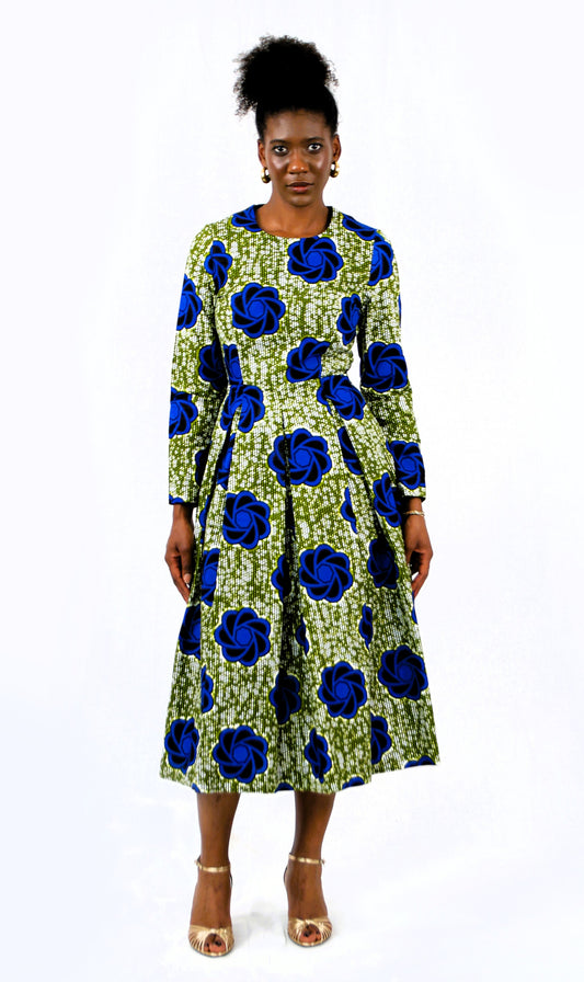 MIDI DRESS WITH PLEATS IVORY COAST BLUE