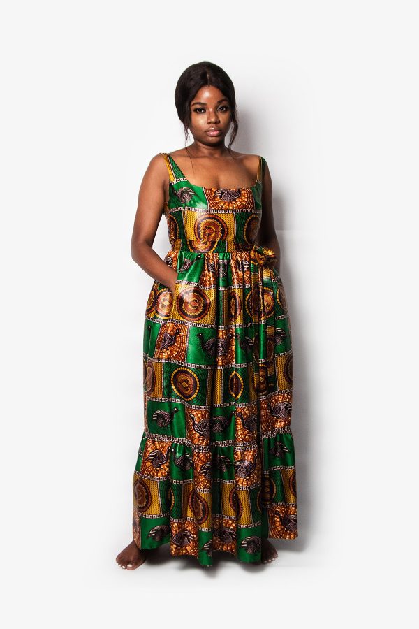 SQUARE NECK DRESS WITH FRILLS GREEN BENGUELA