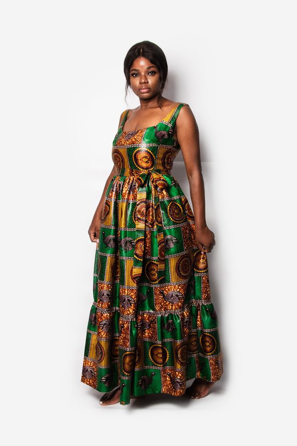SQUARE NECK DRESS WITH FRILLS GREEN BENGUELA